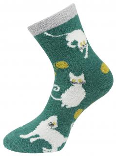 Dámske chlpaté termo ponožky s mačkami NB8917, zelenej farby 9001502-3 Veľkosť ponožiek: 35-38