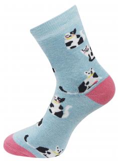 Dámske froté ponožky s potlačou čiernobielej mačky NV8865, modrej farby 9001499-2 Veľkosť ponožiek: 35-38