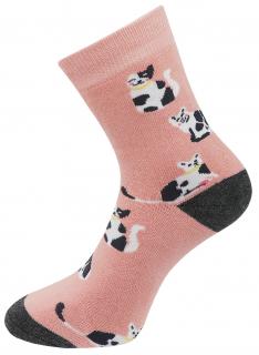 Dámske froté ponožky s potlačou čiernobielej mačky NV8865, ružovej farby 9001499-4 Veľkosť ponožiek: 35-38
