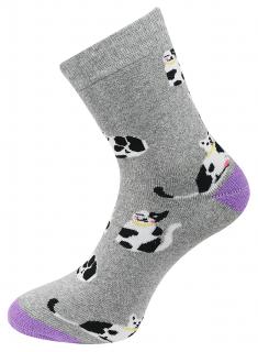 Dámske froté ponožky s potlačou čiernobielej mačky NV8865, šedej farby 9001499-1 Veľkosť ponožiek: 35-38
