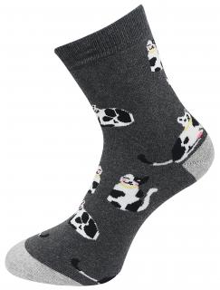 Dámske froté ponožky s potlačou čiernobielej mačky NV8865, tmavo šedej farby 9001499-5 Veľkosť ponožiek: 38-41