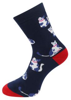 Dámske froté ponožky s potlačou modrobielej mačky NV8865, tmavo modrej farby 9001499-3 Veľkosť ponožiek: 38-41