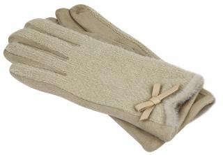 Dámske pletené rukavice s chĺpkami a mašličkou - béžovej farby 9001529-1