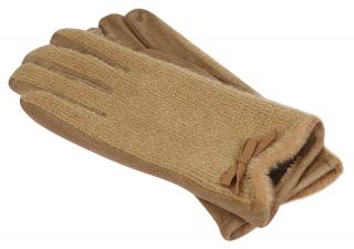 Dámske pletené rukavice s chĺpkami a mašličkou - svetlo hnedej farby 9001529
