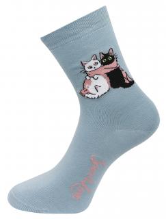 Dámske ponožky s potlačou dvoch mačiek so šálom NX9155- modrej farby 9001498-2 Veľkosť ponožiek: 35-38