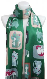 Dámsky kašmírový obdĺžnikový šál 2110-15 kreslené mačičky, zelenej farby 7200584