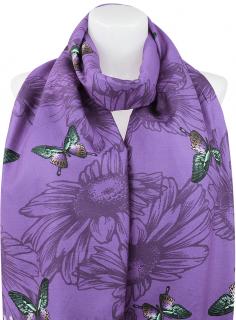 Dámsky kašmírový obdĺžnikový šál 23115-5 s potlačou motýľov, fialovej farby 7200673-1