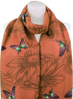 Dámsky kašmírový obdĺžnikový šál 23115-5 s potlačou motýľov, oranžovej farby 7200673-3