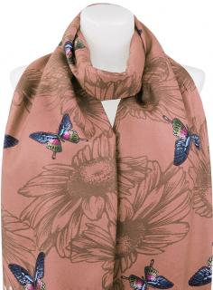 Dámsky kašmírový obdĺžnikový šál 23115-5 s potlačou motýľov, púdrovo ružovej farby 7200673-6