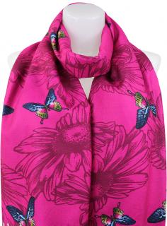 Dámsky kašmírový obdĺžnikový šál 23115-5 s potlačou motýľov, tmavo ružovej farby 7200673