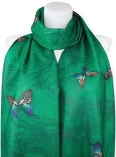 Dámsky kašmírový obdĺžnikový šál 23115-5 s potlačou motýľov, zelenej farby 7200673-10