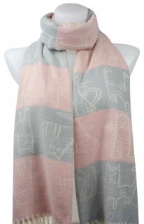 Dámsky kašmírový obdĺžnikový šál s mačkami 2115-36, pruhovaný šedo-ružovej farby 7200572-7