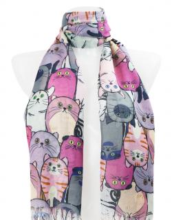 Dámsky kašmírový obdĺžnikový šál s potlačou mačiek 2108-3, multicolorovej ružovej farby 7200576-4