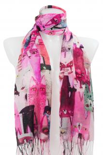 Dámsky kašmírový obdĺžnikový šál s potlačou mačiek 2108-57, neónovo ružovej farby 7200575-2