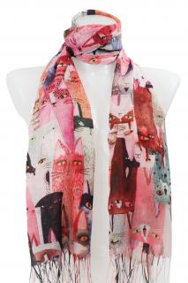 Dámsky kašmírový obdĺžnikový šál s potlačou mačiek 2108-57, ružovej farby 7200575-1