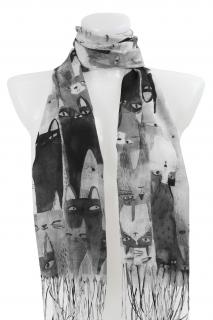 Dámsky kašmírový obdĺžnikový šál s potlačou mačiek 2108-57, šedej farby 7200575