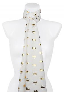 Dámsky ľahký obdĺžnikový šál 345-1 so zlatou potlačou mačiek, bielej farby 7200627-7
