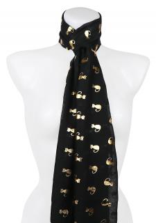 Dámsky ľahký obdĺžnikový šál 345-1 so zlatou potlačou mačiek, čiernej farby 7200627-9