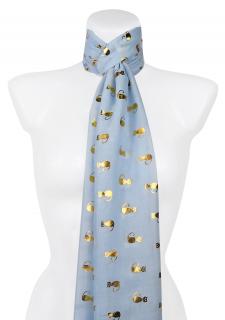 Dámsky ľahký obdĺžnikový šál 345-1 so zlatou potlačou mačiek, svetlo modrej farby 7200627-4