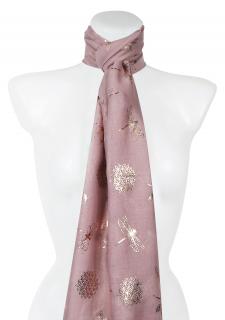 Dámsky ľahký obdĺžnikový šál 355-6 so zlatou potlačou vážok, ružovej farby 7200624-3