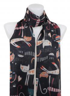 Dámsky ľahký obdĺžnikový šál s mačkami 378-5 - čiernej farby 7200607-3