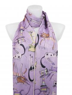 Dámsky ľahký obdĺžnikový šál s mačkami 378-5 - fialovej farby 7200607-9