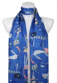 Dámsky ľahký obdĺžnikový šál s mačkami 378-5 - modrej farby 7200607-1