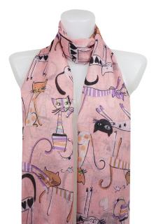 Dámsky ľahký obdĺžnikový šál s mačkami 378-5 - ružovej farby 7200607-5