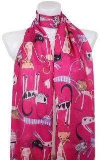 Dámsky ľahký obdĺžnikový šál s mačkami 378-5 - ružovej farby 7200607