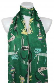 Dámsky ľahký obdĺžnikový šál s mačkami 378-5 - zelenej farby 7200607-2