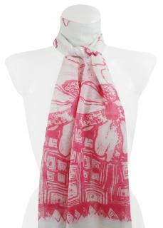 Dámsky obdĺžnikový šál s potlačou kvetín, bielo-ružovej farby 118