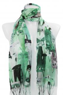 Dámsky obdĺžnikový šál s potlačou mačiek 209-8, zelenej farby 7200550-8