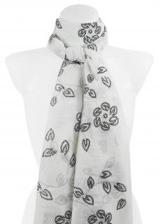 Dámsky obdĺžnikový šál s potlačou, pogumovaný motív kvetín, bielej farby 114