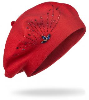 Dámsky pletený baret s kamienkami, červenej farby 7100381-4