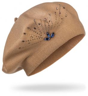 Dámsky pletený baret s kamienkami, svetlo hnedej farby 7100381-3