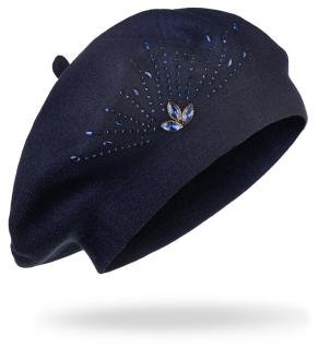 Dámsky pletený baret s kamienkami, tmavo modrej farby 7100381-5
