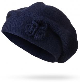 Dámsky pletený baret s kvetinou, tmavo modrej farby 7100221-4