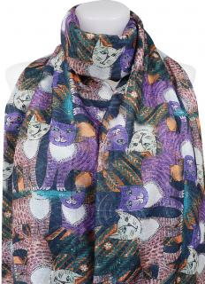 Dámsky teplý obdĺžnikový šál 3013-7 s potlačou mačiek, fialovej farby 7200669-1