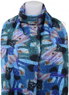 Dámsky teplý obdĺžnikový šál 3013-7 s potlačou mačiek, modrej farby 7200669-5
