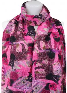 Dámsky teplý obdĺžnikový šál 3013-7 s potlačou mačiek, ružovej farby 7200669-3
