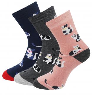 Zvýhodnený set 3 párov froté ponožiek s potlačou čiernobielej mačky A13 Veľkosť ponožiek: 35-38
