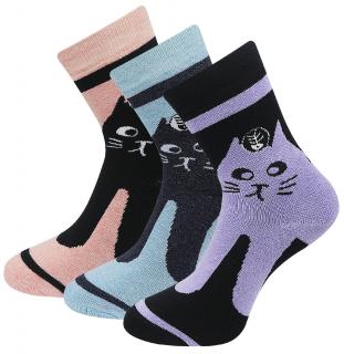 Zvýhodnený set 3 párov froté ponožiek s potlačou mačky - pastelové farby A7 Veľkosť ponožiek: 35-38