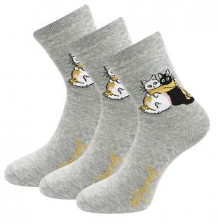 Zvýhodnený set 3 párov ponožiek s potlačou mačiek - šedej farby A10 Veľkosť ponožiek: 35-38
