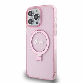Guess IML Ring Stand Glitter MagSafe Zadný Kryt pre iPhone 15 Pro, ružová