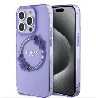 Guess PC/TPU Flowers Ring Glossy Logo MagSafe Zadný Kryt pre iPhone 15 Pro Max Purple