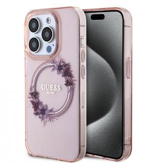 Guess PC/TPU Flowers Ring Glossy Logo MagSafe Zadný Kryt pre iPhone 15 Pro Pink