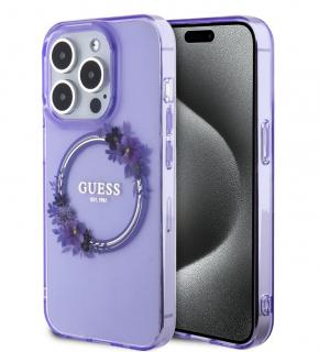 Guess PC/TPU Flowers Ring Glossy Logo MagSafe Zadný Kryt pre iPhone 15 Pro Purple