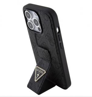 Guess PU Grip Stand 4G Strass Triangle Metal Logo Zadný Kryt pre iPhone 15 Pro Black