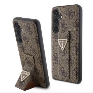 Guess PU Grip Stand 4G Strass Triangle Metal Logo Zadný Kryt pre Samsung Galaxy S24 Brown