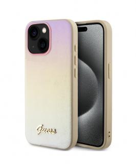 Guess PU Leather Iridescent Metal Script Zadný Kryt pre iPhone 15 Gold